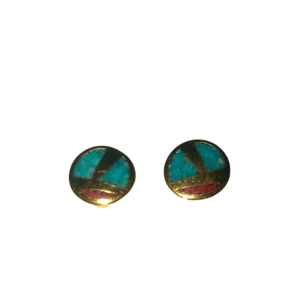 TURQUOISE Chip Inlay & Brass Round Stud Earrings Retro Signed COP Approx 5mm
